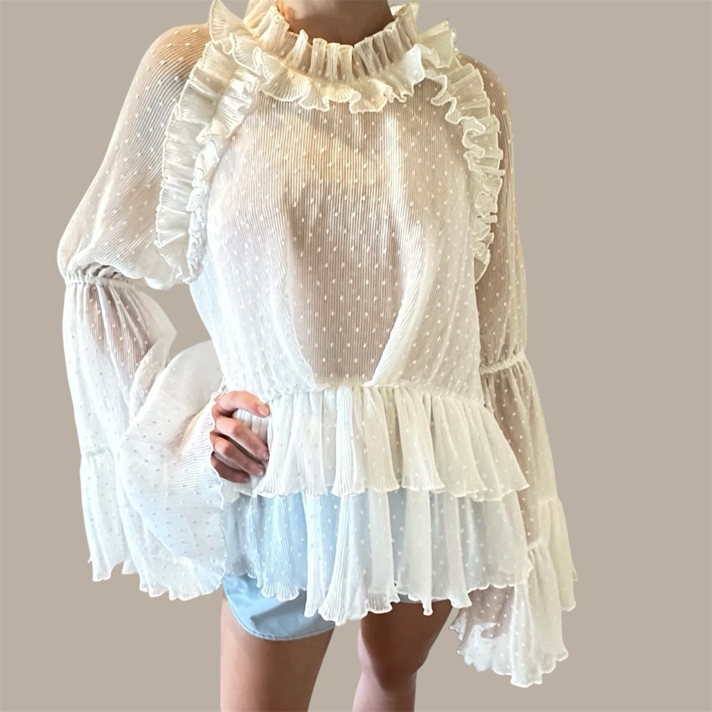 ROMANCE WAS BORN ISheer Ruffled Swiss Dot Blouse in Ivory🌸